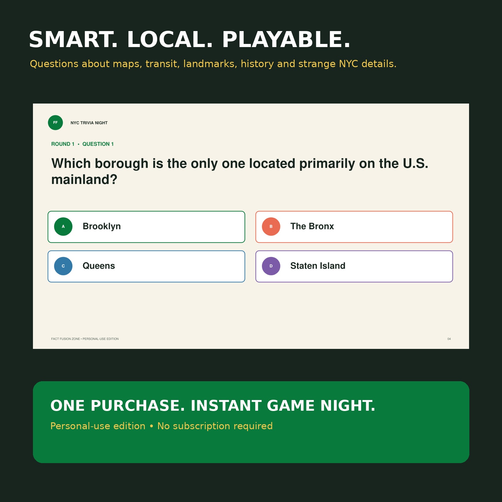 Sample NYC Trivia Night multiple-choice question about a neighborhood bordering Prospect Park