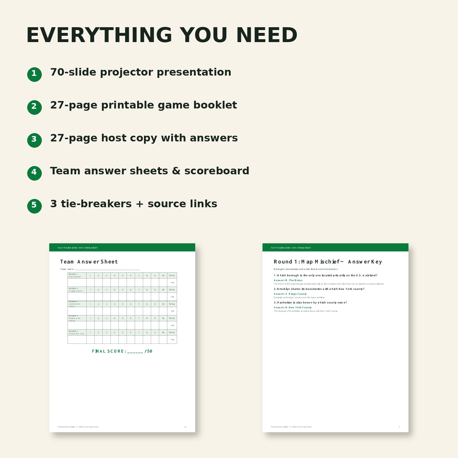 Everything included with NYC Trivia Night: PowerPoint presentation, printable booklet, host copy, answer sheets, scoreboard, and tie-breakers